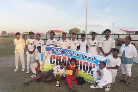 The victorious Rose Hall Community Centre outfit poses with their spoils after defeating Albion in the Berbice Cricket Board (BCB)/Dr. Amarnauth Dukhi U-15 Championship.