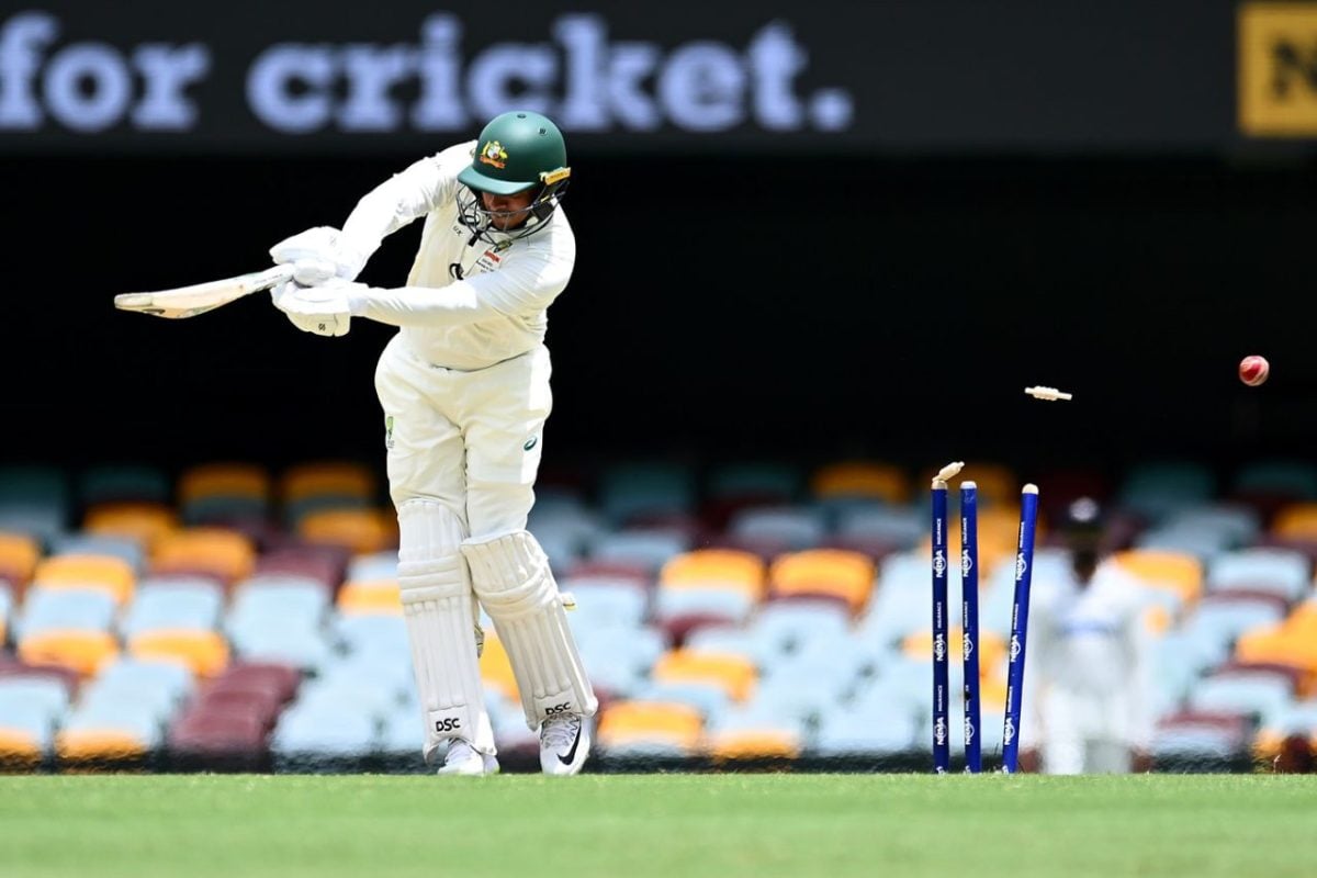 Usman Khawaja is bowled by Jasprit Bumrah for 8 as
Australia struggled in the second innings (ESPN Cricinfo Photo).