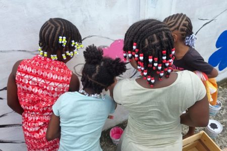 Children painting the mural