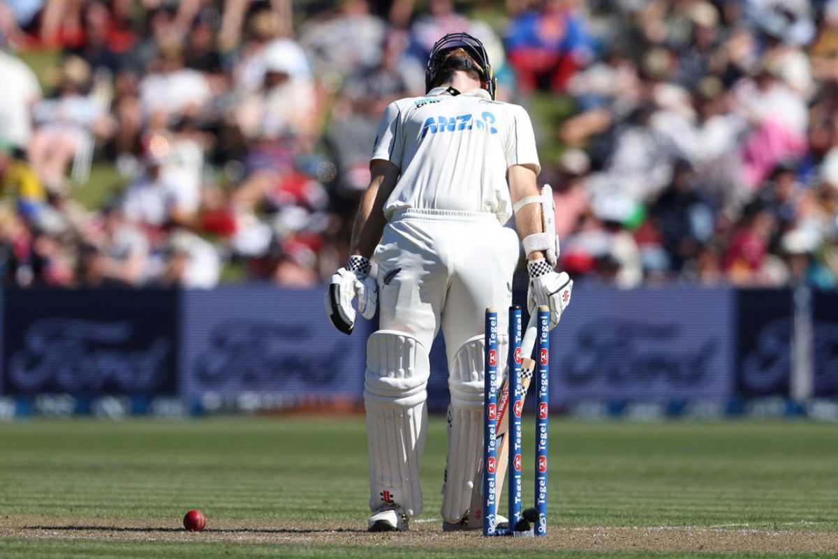 New Zealand’s Kane Williamson is bowled by Matthew Potts for 44 (ESPN Cricinfo Photo)
