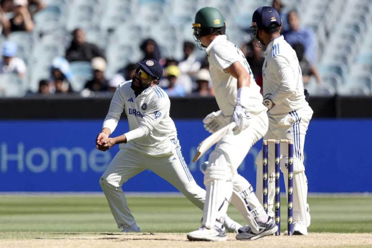 Pat Cummins is caught at first-slip by Rohit Sharma off the bowling of Ravindra Jadeja for 41 (ESPN Cricinfo Photo)