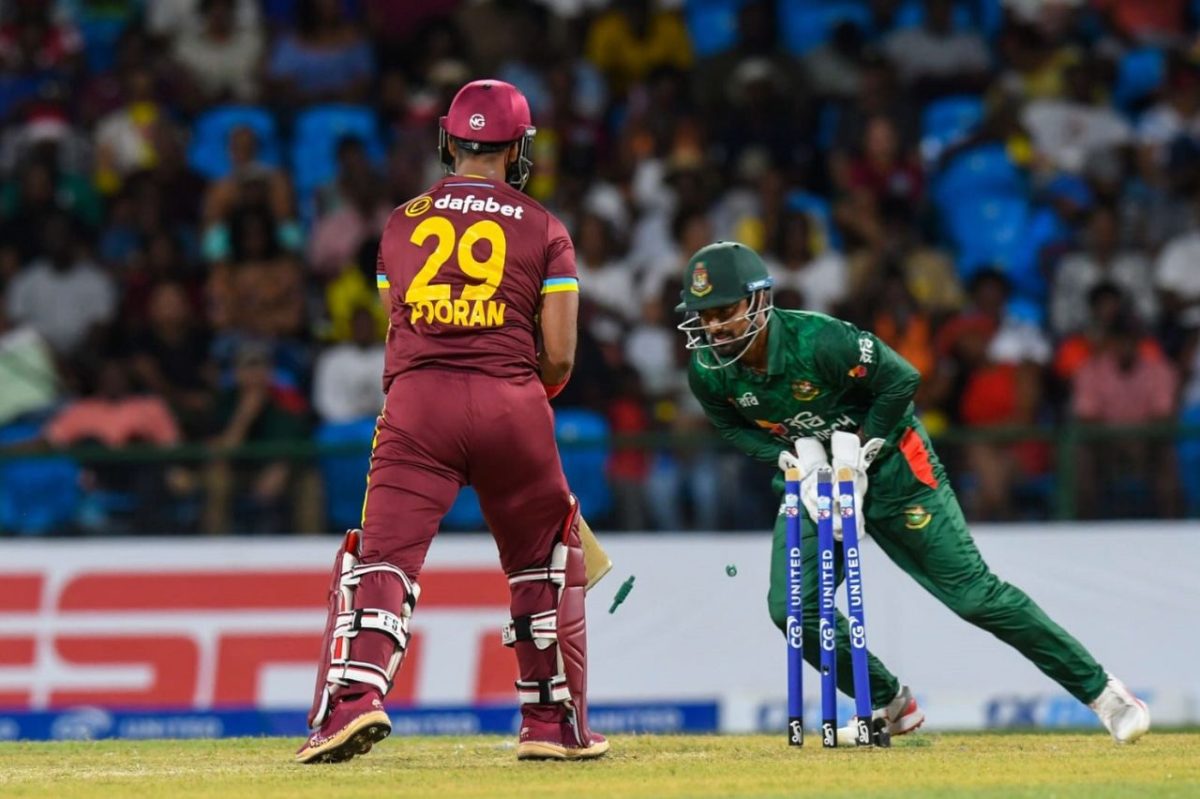 Nicholas Pooran epitomised the West Indies top order, which struggled as he was stumped for one off the bowling of Mahedi Hasan (ESPN Cricinfo Photo).