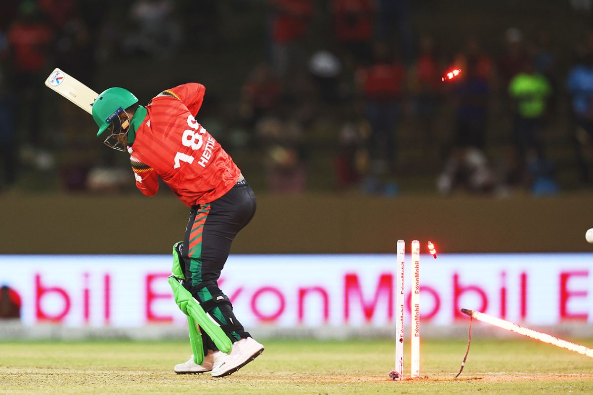 Uprooted! Shimron Hetmyer was bowled for a first-ball duck by Kamrul Islam Rabbi (GSL Photo).