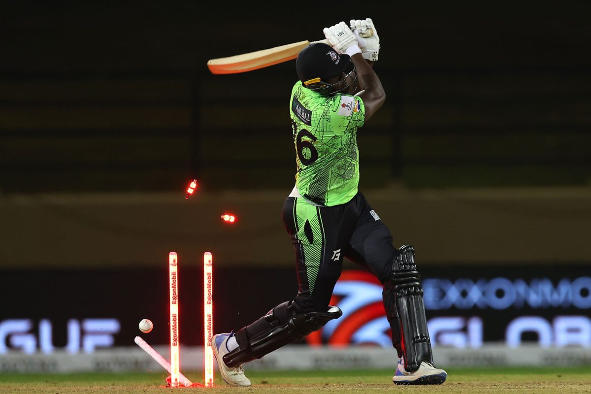 Lahore Qalandars Carlos Brathwaite is bowled by Zak Campbell for a first-ball duck (GSL Photo).
