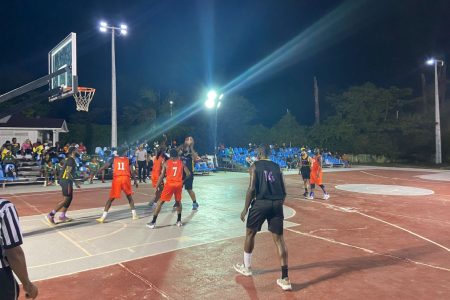 A scene from the Ravens and Mambas fixture in the One Guyana Basketball League
