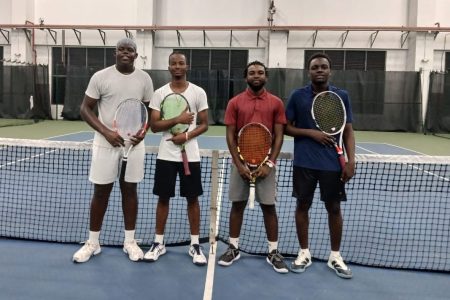 The combination (left) of Denzil Luthers/Gerald Scotland advanced to the semifinal round of the Men’s Open Doubles division