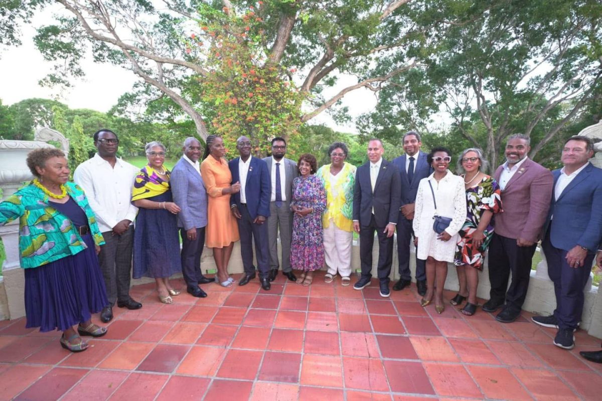 President Irfaan Ali on Saturday joined Prime Minister, Mia Mottley, and the people of Barbados to celebrate the country’s 58th Anniversary of Independence, the 3rd Anniversary of the Republic of Barbados and the centenary of Shirley Chisholm’s birth. President Ali, Prime Minister Keith Rowley of Trinidad and Tobago, PM Mottley, Minister Camillo Gonsalves of Saint Vincent and the Grenadines, engaged in productive discussions with bipartisan members of the U.S. Congress. In this photograph the President is seen with his Caribbean counterparts and other officials. (Office of the President photo)
