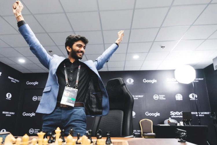 A jubilant Gukesh Dommaraju following
his victory (Photo: the Times of India)