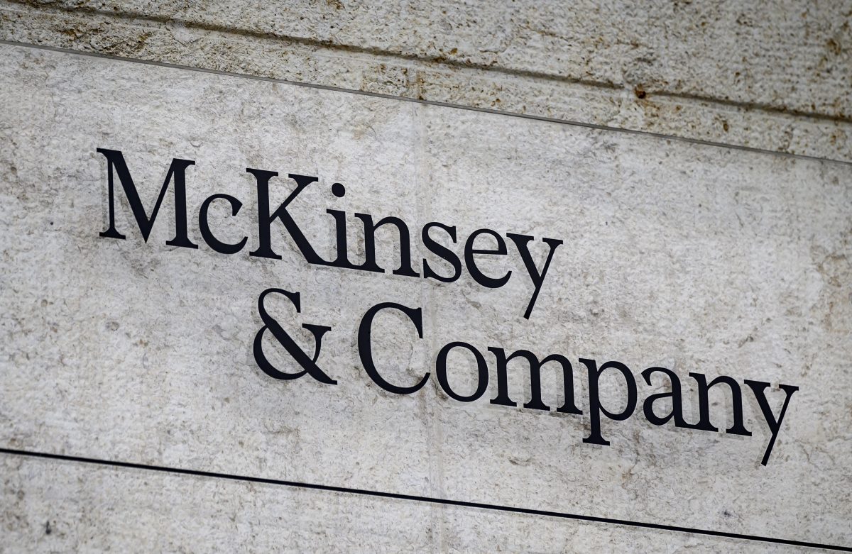 This photograph taken on April 12, 2022, shows a sign of US-based McKinsey & Company management consulting firm in Geneva. (Photo by Fabrice COFFRINI / AFP) (Photo by FABRICE COFFRINI/AFP via Getty Images)