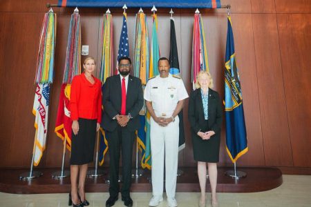 From left in this Office of the President photo are United States Ambassador to Guyana, Nicole D. Theriot, President Irfaan Ali,  ADM Alvin Holsey, Combatant Commander and  Ambassador Sarah-Ann Lynch, Civilian Deputy to the Commander and Foreign Policy Advisor.