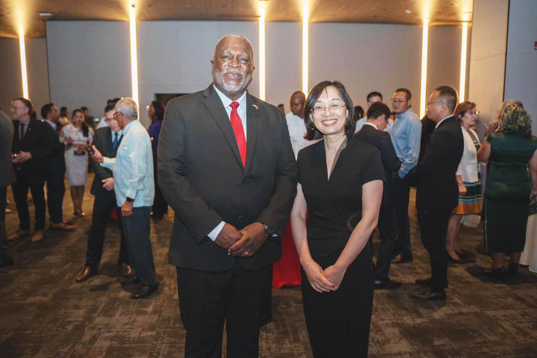  Prime Minister Mark Phillips (left) on Wednesday represented the Government of Guyana at a farewell reception for Chinese Ambassador to Guyana,  Guo Haiyan. In his remarks,  Phillips highlighted the 50 years of diplomatic relations between Guyana and China, which was celebrated during Ambassador Guo’s tenure.
“This golden jubilee not only provided an opportunity to reflect on half a century of friendship and cooperation but also underscored Guyana’s continued support for the One China policy and set the stage for an even more robust partnership in the years to come”, he said. (Office of the Prime Minister photo)
