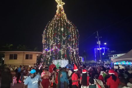 The Guyana Police Force last night officially ushered in the Christmas Season with the annual lighting up of the Christmas tree at Police Headquarters, Eve Leary. (Police photo)
