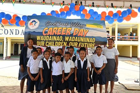 The South Rupununi District Council (SRDC) on Wednesday hosted a career day in Sand Creek, South Central Rupununi, Region Nine, under the theme “Waudainao, Wadauninao (Our Children, Our Future).”  The SRDC said that the event was in collaboration with the Tenure Facility, Indigenous Navigator and the Amazon Conservation Team (ACT), with 12 schools participating. This SRDC photo shows one of the participating schools.