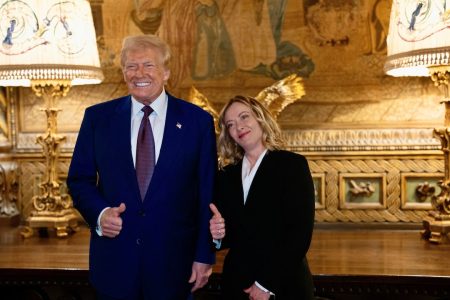 U.S. President-elect Donald Trump meets with Italian Prime Minister Giorgia Meloni at Mar-a-Lago in Palm Beach, Florida, U.S. January 4, 2025. Italian Government/Handout via REUTERS