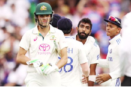 Jasprit Bumrah made a beeline for Sam Konstas after the wicket off
the final ball of the day. (Getty Images: Morgan Hancock/Cricket Australia)