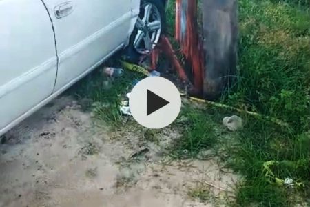 A screen grab from the video showing one of  the damaged vehicles and the damaged utility pole. 