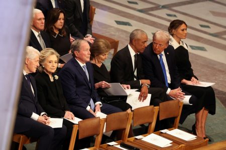 Former President Barack Obama, former President George W. Bush, President-elect Donald Trump, former President Bill Clinton and former Vice President Mike Pence react on the day of the State Funeral for former President Jimmy Carter at the Washington National Cathedral in Washington, January 9. REUTERS/Brendan McDermid