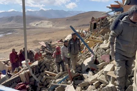 Rescue teams work amidst rubble in the aftermath of an earthquake in a location given as Shigatse City, Tibet Autonomous Region, China, in this screengrab obtained from a handout video released on January 7, 2025. Tibet Fire and Rescue/Handout via REUTERS 