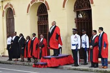 The official opening of one of the Demerara Criminal Assizes last year at the High Court in Georgetown. Among those in attendance were Justice Sandil Kissoon (who took the salute), Chief Justice (ag) Roxane George, Justice Navindra Singh, Justice Damone Younge, Justice Simone Morris-Ramlall, and Justice Gino Persaud. (Police photo)