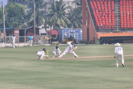 Kevlon Anderson gets on the front foot to a low
delivery. He is on 87 not out and will be looking to get to his third first-class century today when play resumes. 