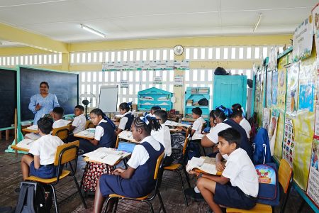 A scene from La Bonne Intention Primary School yesterday. (Ministry of Education photo)