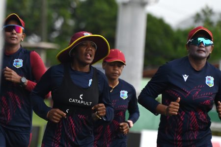 Windies women going through their paces yesterday for today’s third one-day international against Bangladesh in St Kitts. (Windies Cricket photo)