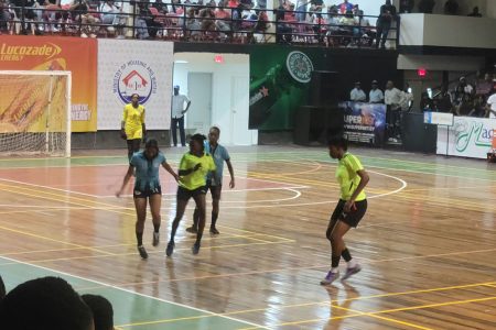 Part of the action in the final between the Lady Kanaimas (in blue) and the Lady Royals. 
