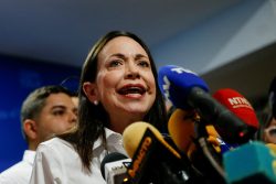 Venezuelan opposition leader Maria Corina Machado addresses the media, in Caracas, Venezuela, March 20, 2024. REUTERS/Leonardo Fernandez Viloria