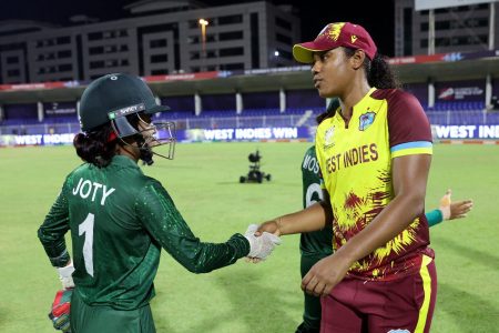 West Indies captain Hayley Matthews and her Bangladesh counterpart Nigar Sultana Joty after their match at last year's T20 World Cup.