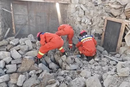 Rescue teams look through rubble in the aftermath of an earthquake in a location given as Shigatse City, Tibet Autonomous Region, China, January 7, 2025, in this screengrab obtained from a handout video. Tibet Fire and Rescue/Handout via REUTERS