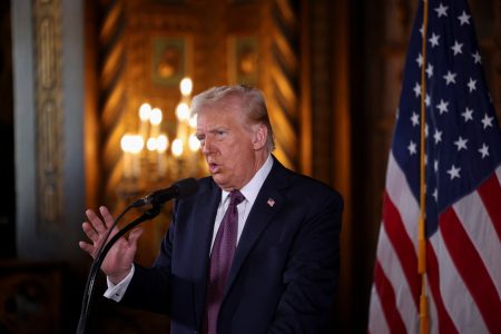 U.S. President-elect Donald Trump makes remarks at Mar-a-Lago in Palm Beach, Florida, U.S. January 7, 2025. REUTERS/Carlos Barria