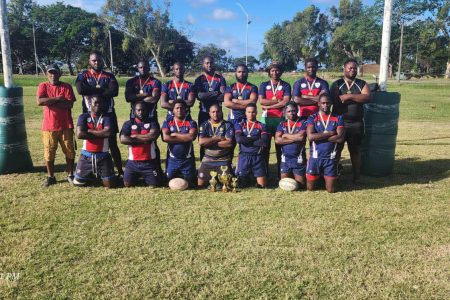 Flawless! The Police Falcons went undefeated during the John Lewis 7s Rugby competition on Sunday to clinch the title. In this photo, they posed with the spoils of the day.
