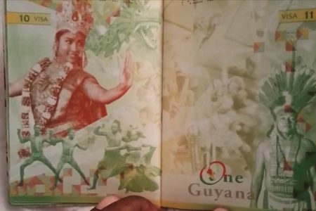 The new ten-year Guyana passport displaying the
‘One Guyana’
symbol at right
