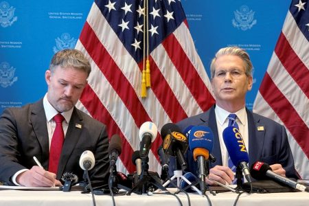 U.S. Secretary of the Treasury Scott Bessent and U.S. Trade Representative Jamieson Greer attend a news conference after trade talks with China in Geneva, Switzerland, May 12, 2025. REUTERS/Olivia Le Poidevin