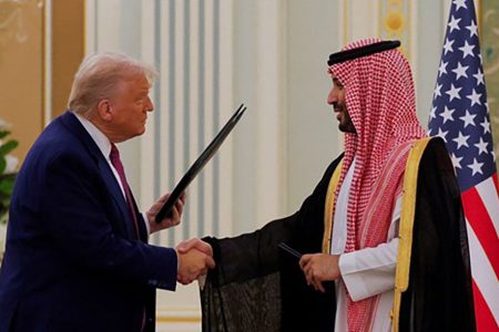 US President Donald Trump (left) and Saudi Crown Prince and Prime Minister Mohammed Bin Salman shake hands during a Memorandum of Understanding (MOU) signing ceremony at the Royal Court in Riyadh, Saudi Arabia, May 13, 2025.  Reuters