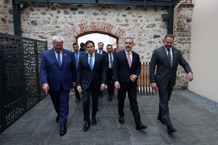 Ukrainian Foreign Minister Andrii Sybiha, U.S. Secretary of State Marco Rubio, Turkish Foreign Minister Hakan Fidan and Head of the Office of the President of Ukraine Andriy Yermak walk before Turkey, U.S., Ukraine trilateral talks, in Istanbul, Turkey, May 16, 2025. Arda Kucukkaya/Turkish Foreign Ministry/Handout via REUTERS 