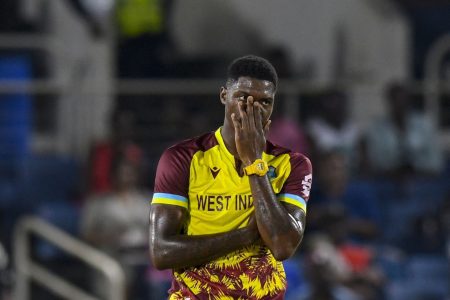 Alzarri Joseph reacts as West Indies lose their grip on the contest. (Randy Brooks/AFP via Getty Images)
