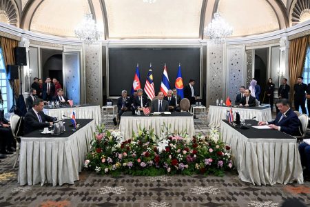 Malaysia's Prime Minister Anwar Ibrahim looks on as Cambodia's Prime Minister Hun Manet and Thailand's acting Prime Minister Phumtham Wechayachai take part in mediation talks on the Thailand–Cambodia border conflict, in Putrajaya, Malaysia July 28, 2025. Mohd Rasfan/Pool via REUTERS 