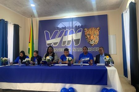 From left to right are Natasha Singh-Lewis, Dawn Hastings-Williams, General Secretary of the Party Odessa Primus, Presidential Candidate Azruddin Mohamed, Tabitha Sarabo-Halley and Vishnu Panday 