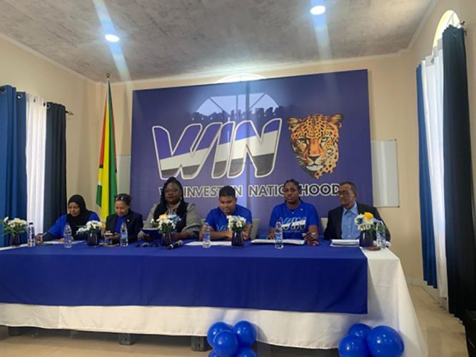 From left to right are Natasha Singh-Lewis, Dawn Hastings-Williams, General Secretary of the Party Odessa Primus, Presidential Candidate Azruddin Mohamed, Tabitha Sarabo-Halley and Vishnu Panday
