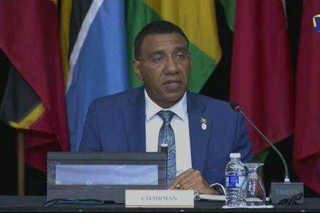 Jamaican Prime Minister Andrew Holness during the press conference.