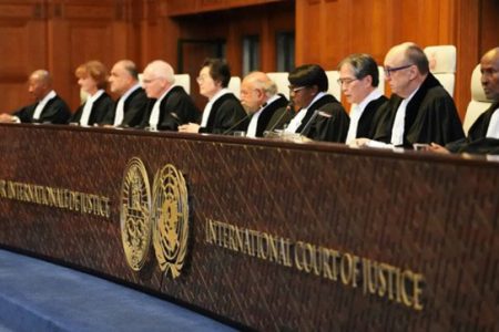 Presiding judge Yuji Iwasawa (third from right) delivers a climate ruling at the International Court of Justice, outlining legal obligations for non-compliant nations. (AP pic)