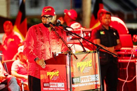President Irfaan Ali addressing the crowd at Anna Regina yesterday