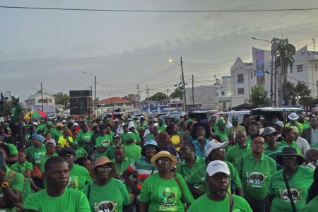 Jubilant: Some of the jubilant supporters at last evening’s launch of the APNU/WPA elections campaign at the Square of the Revolution
