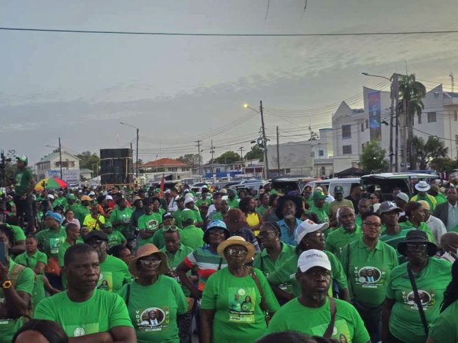 Jubilant: Some of the jubilant supporters at last evening’s launch of the APNU/WPA elections campaign at the Square of the Revolution
