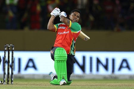 Shimron Hetmyer of Guyana Amazon Warriors hits six runs during the ExxonMobil Guyana Global Super League T20 match between Guyana Amazon Warriors v Hobart Hurricanes XI at Providence Stadium on July 16, 2025 in Georgetown, Guyana. (Photo by Ashley Allen - GSLT20/Global Super League via Getty Images)