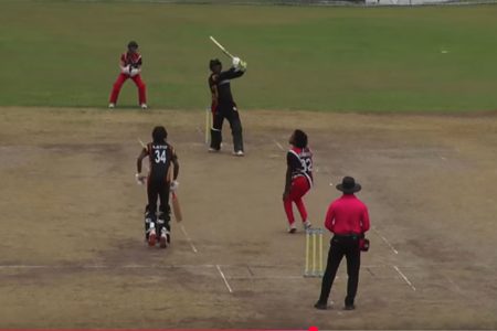 Guyana’s captain Jonathan Van Lange smashed Alexander
Chase for a six back over his head to bring up his half-century 