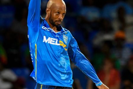 St Lucia Kings’ Roston Chase celebrates the fall of a Patriots wicket during their close win. (CPL via Getty Images)