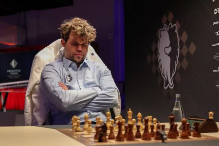 Chess grandmaster Magnus Carlsen reacts ahead of the Freestyle Chess Grand Slam Tour in Paris, France. (REUTERS/Gonzalo Fuentes/File Photo)