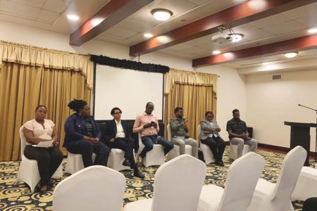 From left to right are moderator- Iva Wharton, President Guyana Press Association; Odessa Primus, WIN; Susan Rodrigues, PPP/C; Dorwain Bess, FGM; Ubraj Narine, APNU; Beverley Alert, AFC; Joel Simpson, SASOD